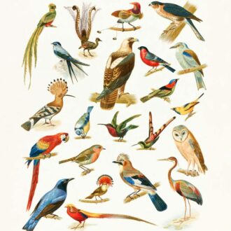 birds flying over body of water painting